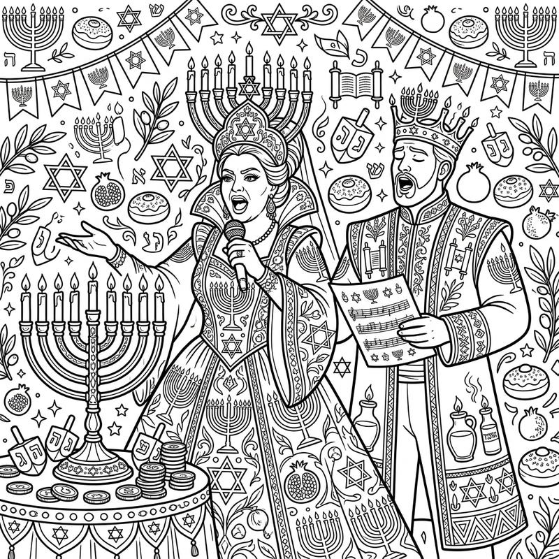 Experience a truly unique holiday fusion with this detailed coloring page featuring opera singers celebrating Hanukkah. Adorned in magnificent attire and surrounded by traditional symbols, this scene offers a blend of elegance and festive spirit.