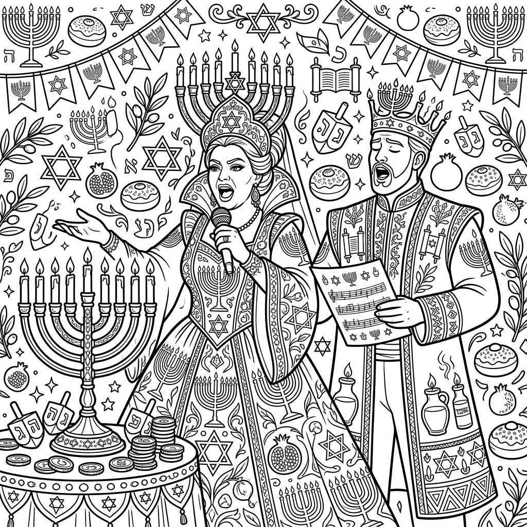Opera Singers Celebrate Hanukkah - Detailed Coloring Page