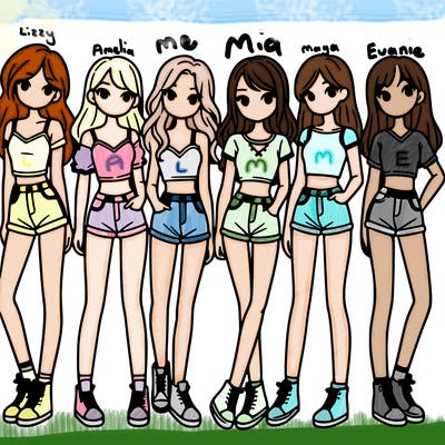 a group of girls wearing crop tops and shorts