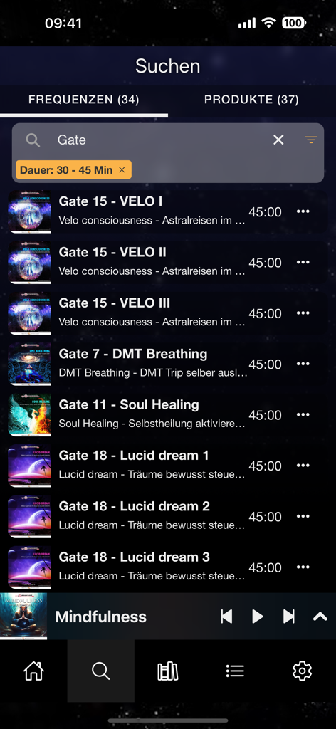Search results for the Gate Program frequencies in the Brainwave3D meditation app.