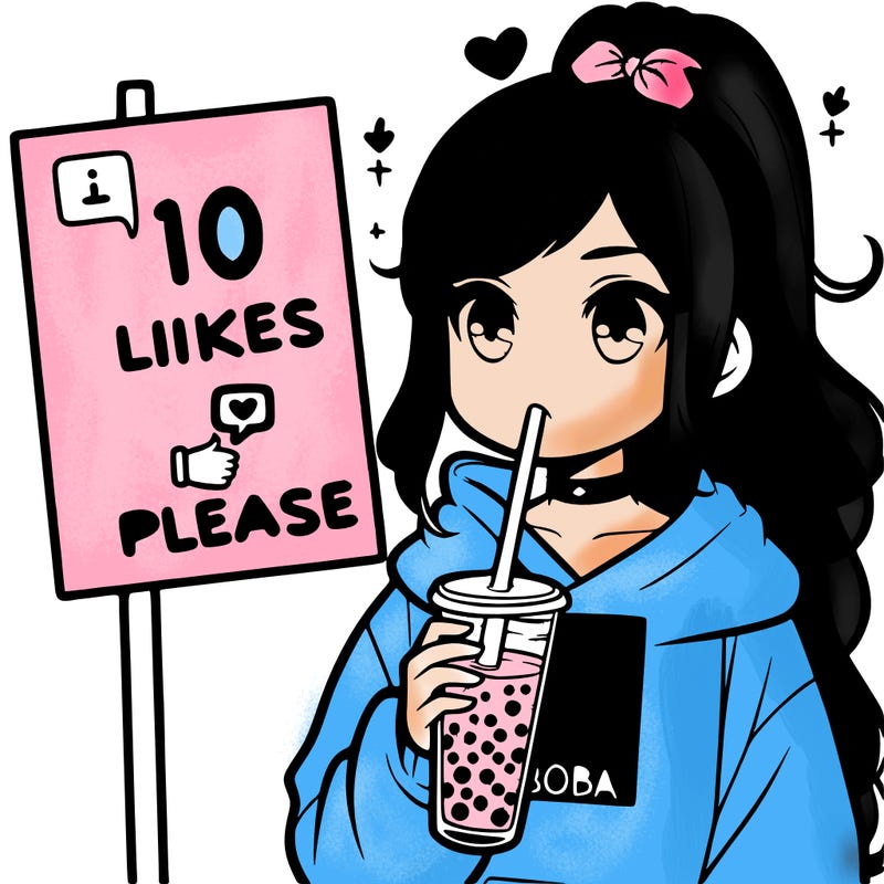 girl with a high ponytail and a hoodie drinking boba staring at a sign saying 10 likes please