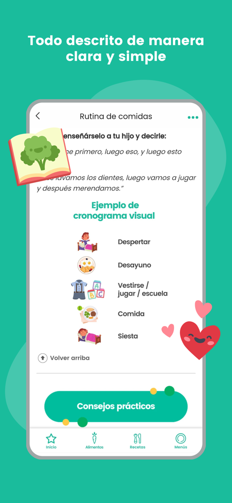 Écran de l'application mobile Peque Ideas montrant un programme quotidien visuel pour les repas et les activités des enfants en espagnol.