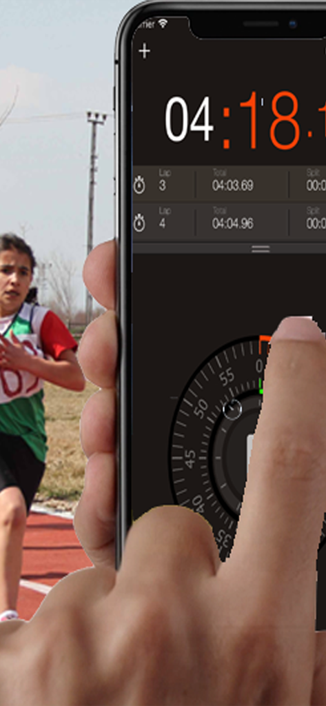 Stopwatch ٞ - Aplicación de cronómetro en iPhone utilizada para cronometrar a un corredor en una pista