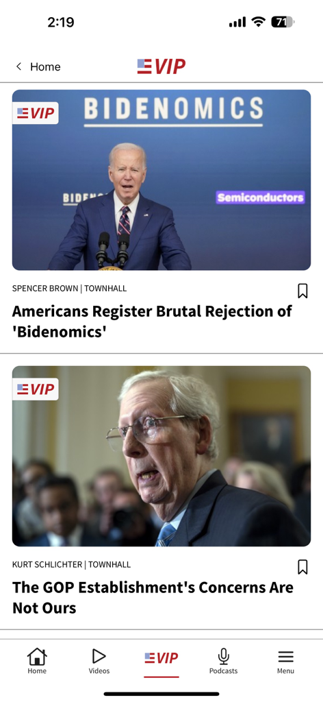 Interface de l'application mobile THM News montrant les gros titres politiques conservateurs et le contenu exclusif pour les membres VIP