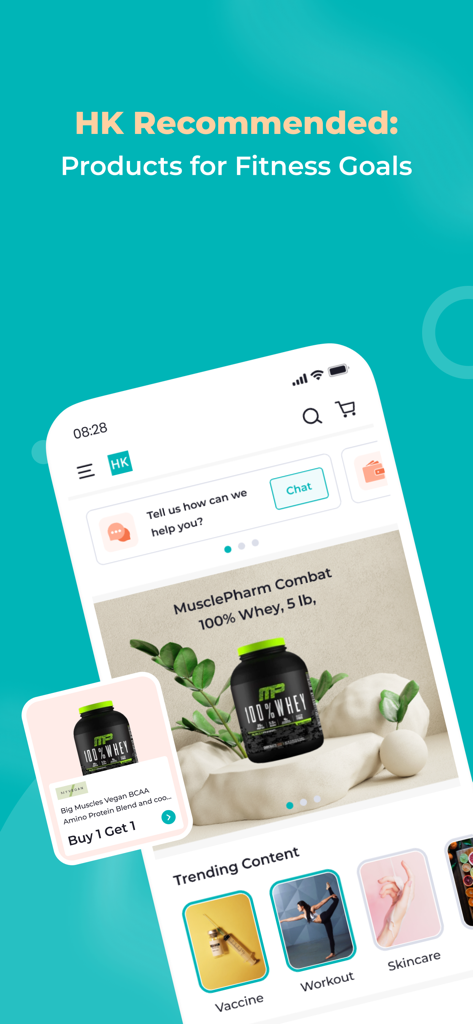 HealthKart mobile app interface featuring recommended fitness supplements and trending health articles