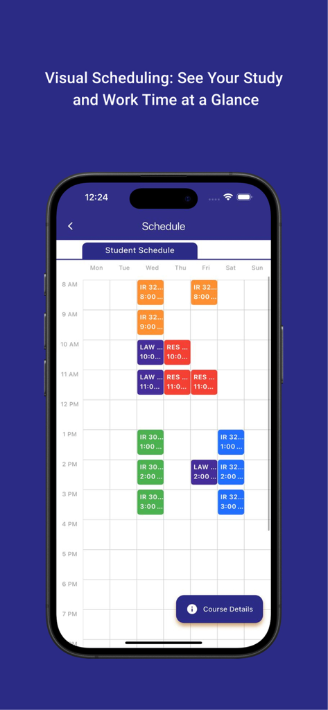 MyParagonU - Interfaz de la aplicación MyParagonU que muestra el horario semanal de clases de un estudiante con franjas horarias codificadas por colores.