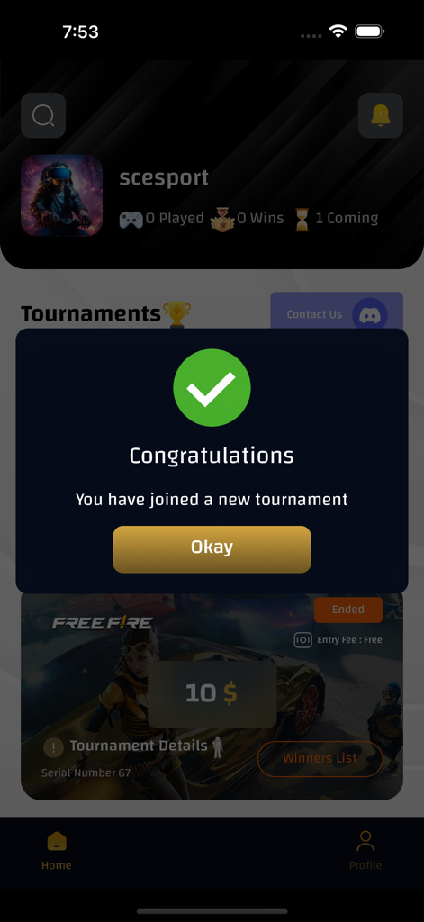 Una ventana emergente de confirmación en la aplicación SC ESport que muestra una marca de verificación verde y un mensaje que dice que te has unido a un nuevo torneo.