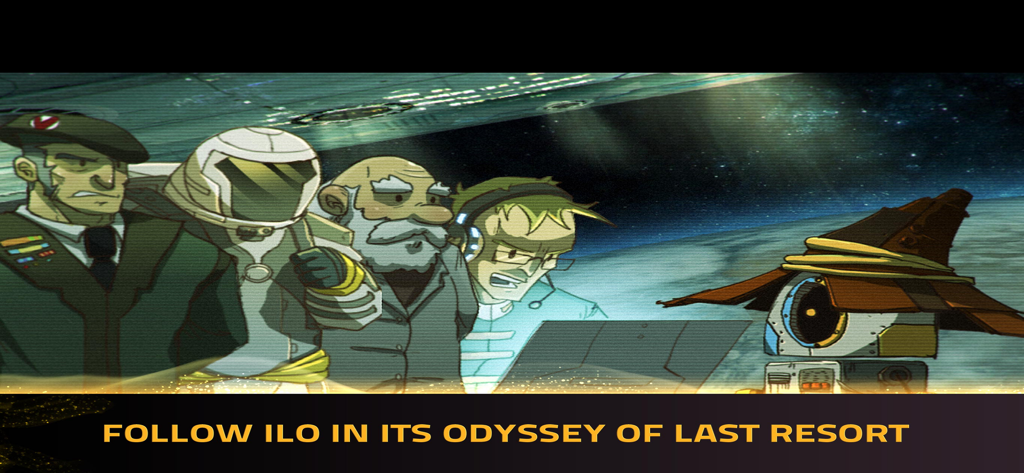 Cinematic scene showing Ilo the magician robot and a human crew preparing for their odyssey