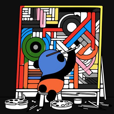 panda painting a large picasso painting while on a trailway