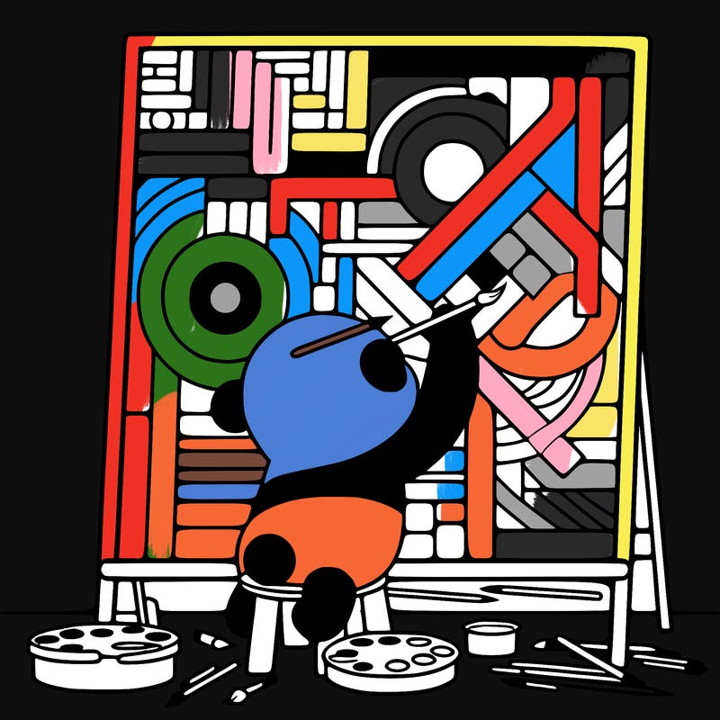 panda painting a large picasso painting while on a trailway