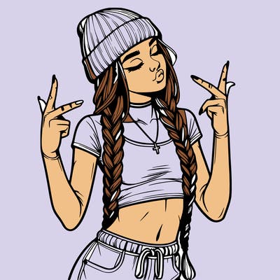 realistic teenage girl with braids and a beanie and crop top doing 🫶🏼