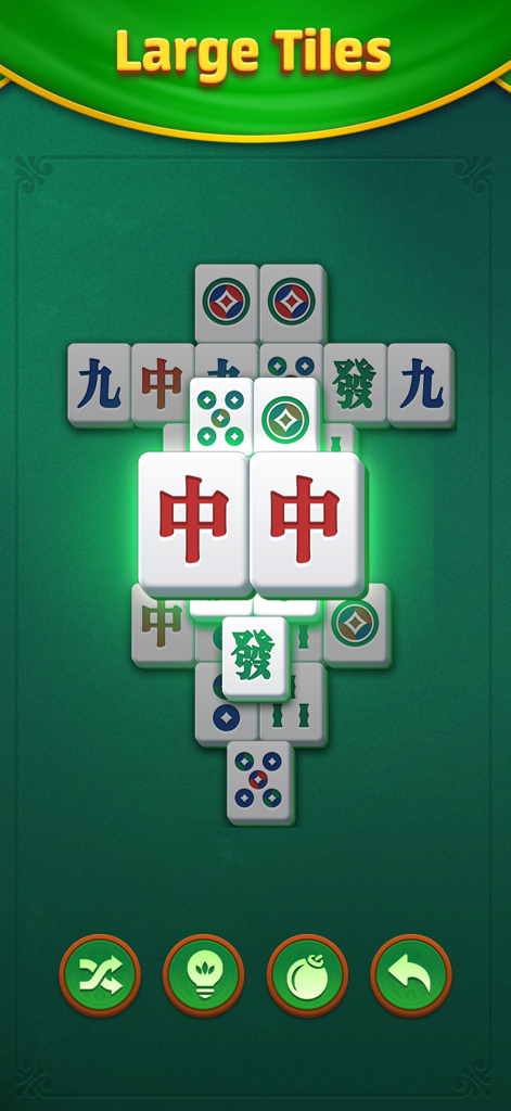 Interfaz del juego Match Mahjong que muestra azulejos grandes fáciles de ver sobre un fondo verde