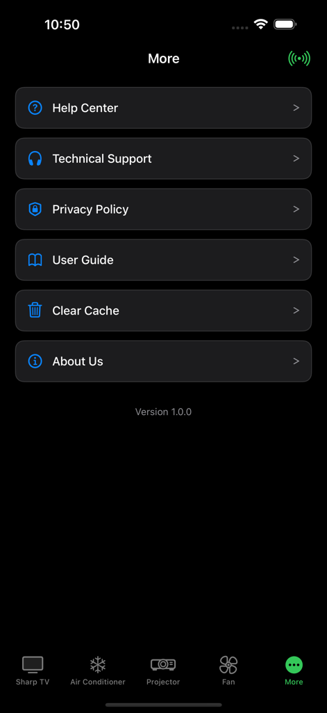 The settings and support menu of the Sharp TV Remote app showing help center and user guide options