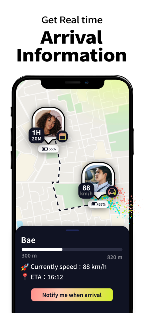 MixerBox BFF app interface showing real-time arrival information, friend location, speed, and ETA on a map