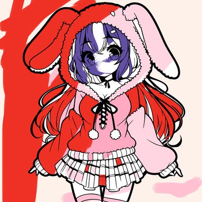 pretty anime girl wearing a fluffy hoodie with bunny ears on the hood and a skirt