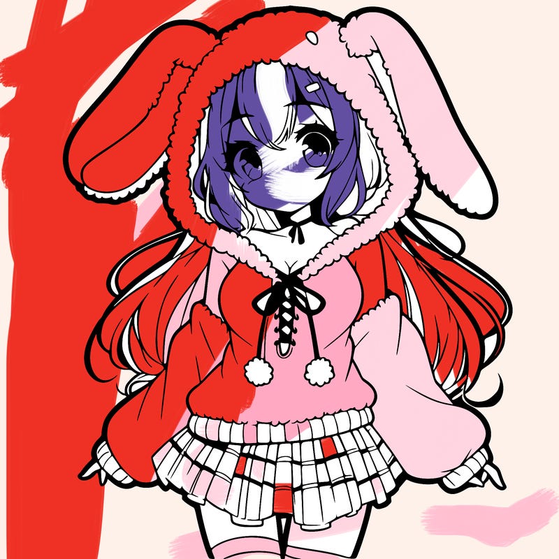 pretty anime girl wearing a fluffy hoodie with bunny ears on the hood and a skirt