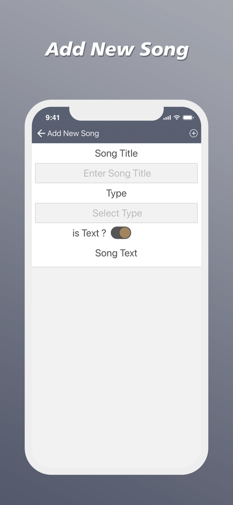Interface for adding a new song including fields for song title and lyrics text