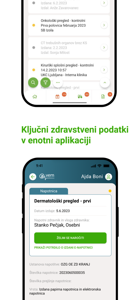 zVEM - Screenshots of the zVEM e-health app displaying a list of medical records and details of a dermatological referral