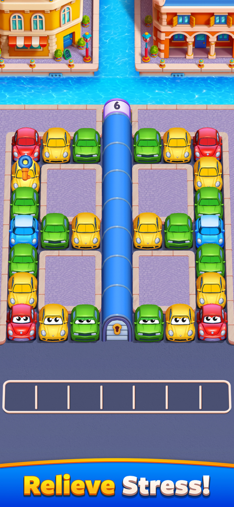 Colorful cars in a traffic sorting puzzle game with a match-three board and a central blue tunnel