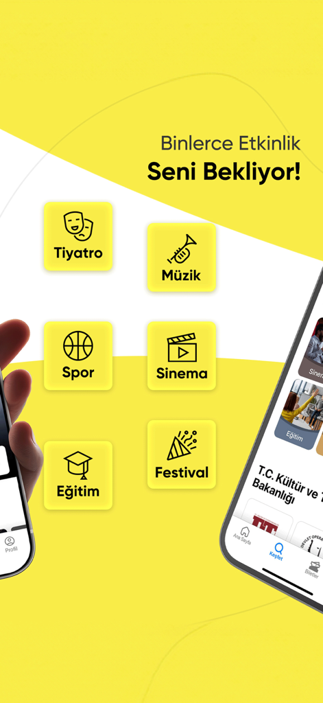 Interface de l'application Biletinial montrant des catégories d'événements, notamment le théâtre, la musique, le sport et le cinéma sur un fond jaune