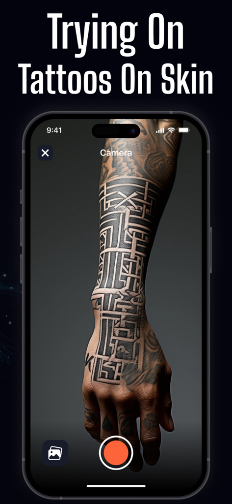 AI Tattoo Design: Tattoo Maker - Smartphone screen showing an augmented reality tattoo try on of a geometric design on a forearm