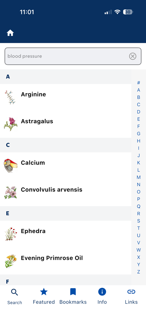 Search interface of the About Herbs app showing alphabetical supplement listings for blood pressure search.