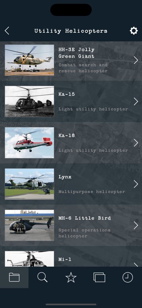 Cold War Military Aircraft - List view of Cold War era utility helicopters in a military aircraft reference app