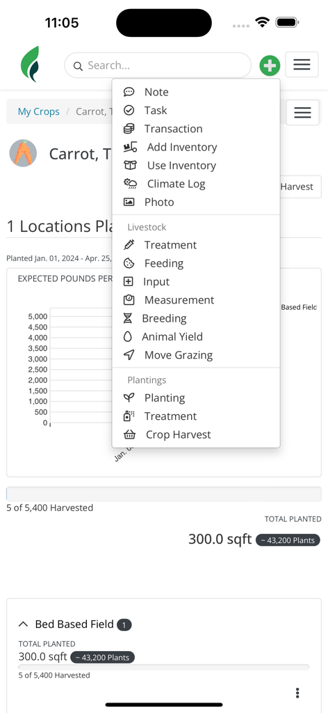 Farmbrite mobile app displaying an all-in-one management menu for livestock tasks and crop plantings