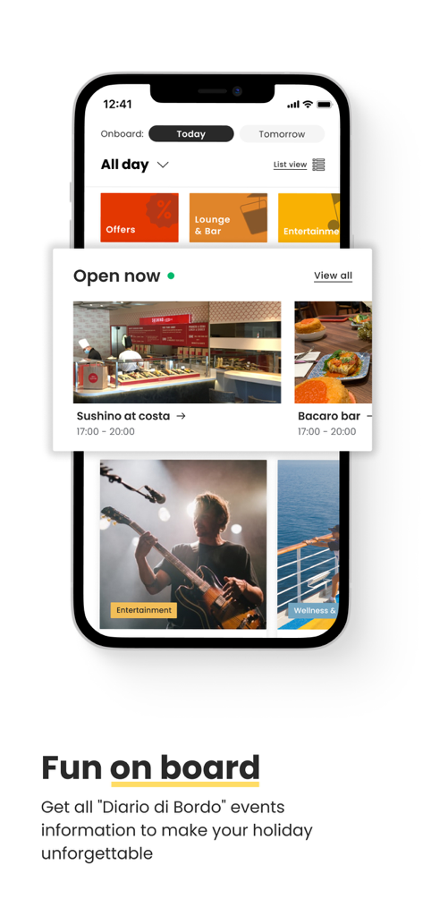 Costa Cruises - Una schermata mobile dall'app Costa Cruises che mostra eventi a bordo e opzioni di ristorazione come Sushino e il bar Bacaro.