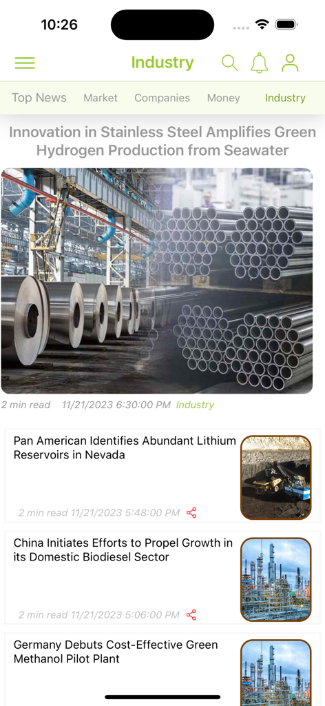 ChemAnalystアプリの業界ニュースセクション、グリーン水素と工業用材料に関するグローバル市場の最新情報が表示