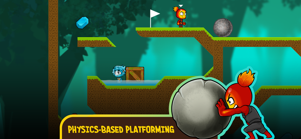 Fire character pushing a boulder in a physics-based platformer game level.