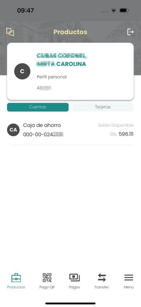 BNF Móvil - BNF Movil app interface showing personal savings account balance in Paraguay Guaranies