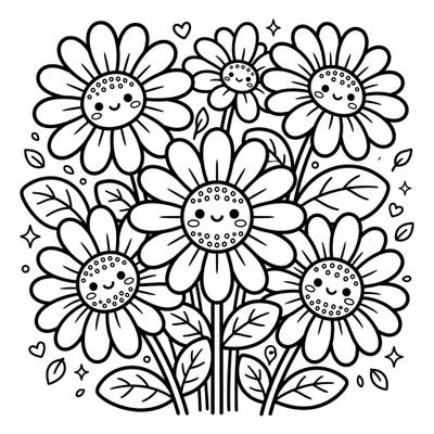 Discover the joy of coloring with this charming Kawaii Shasta Daisies design, featuring smiling blossoms and a delightful, cute style. Perfect for bringing a touch of adorable nature to your day, this printable page promises hours of creative fun.