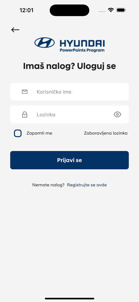 Hyundai Power Points - Hyundai Power Points app login screen with fields for username and password