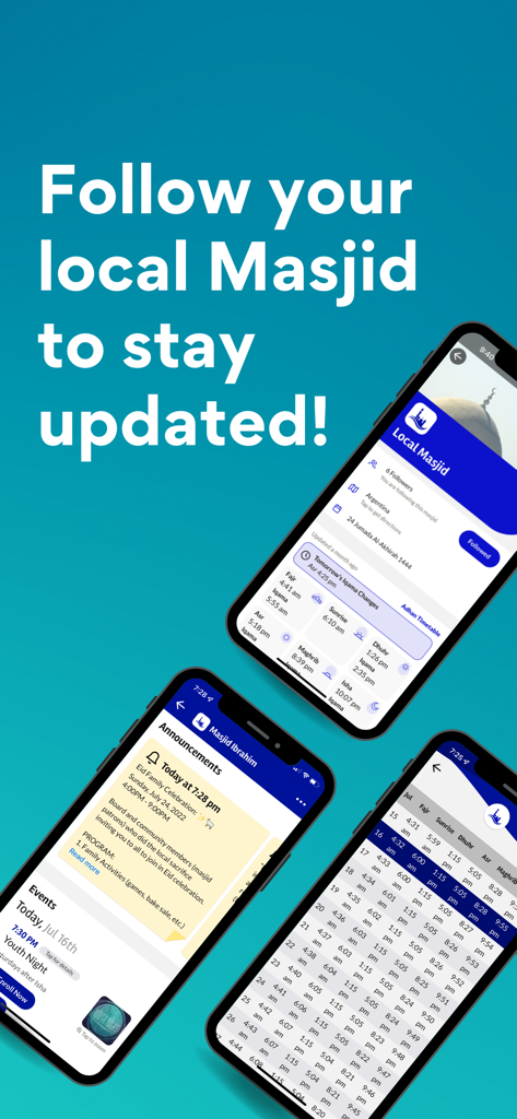 Interface of The Masjid App showing prayer timetables, masjid announcements, and local community events.