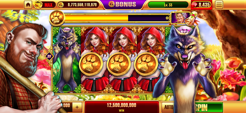 Interface do jogo Real Casino Slots 2 com tema de conto de fadas apresentando Chapeuzinho Vermelho e um lobo.