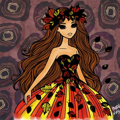 a realistic woman with long hair wearing autumn leaf crown and long elegant dress made out of autumn leaves