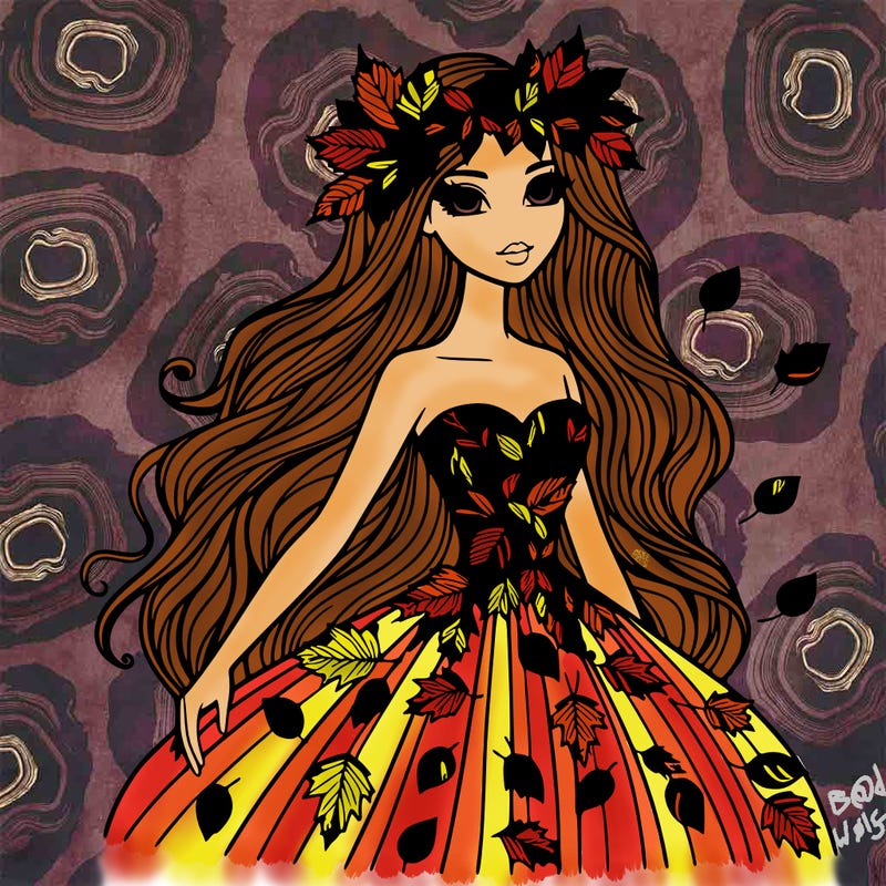 a realistic woman with long hair wearing autumn leaf crown and long elegant dress made out of autumn leaves