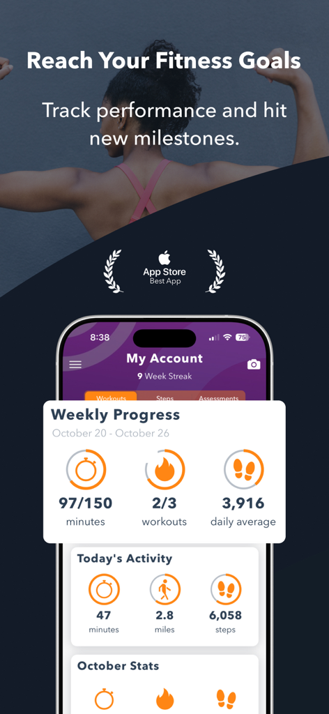A smartphone displaying the Sworkit app interface with weekly fitness progress and daily activity stats.