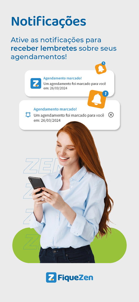 FiqueZen - FiqueZen app interface showing appointment reminder notifications with a woman using her smartphone.