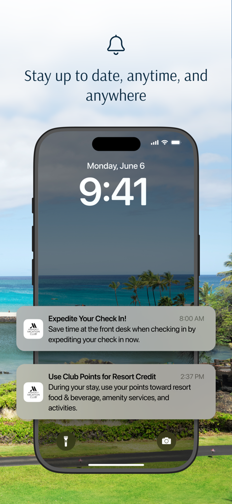 Marriott Vacation Club - チェックインとリゾートクレジットのためのポイント利用に関するMarriott Vacation Clubアプリの通知が表示されたiPhoneのロック画面。