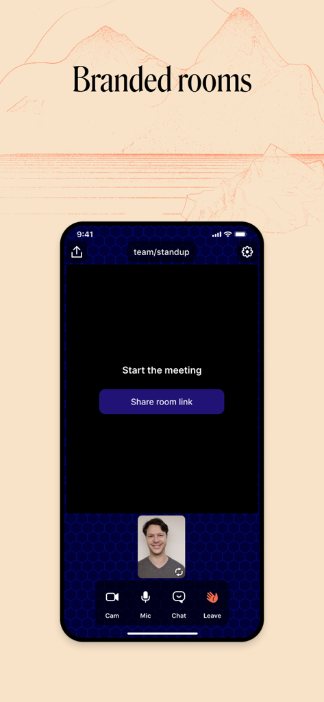 Smartphone-Bildschirm, der einen gebrandeten Video-Meetingraum in der Whereby-App zeigt