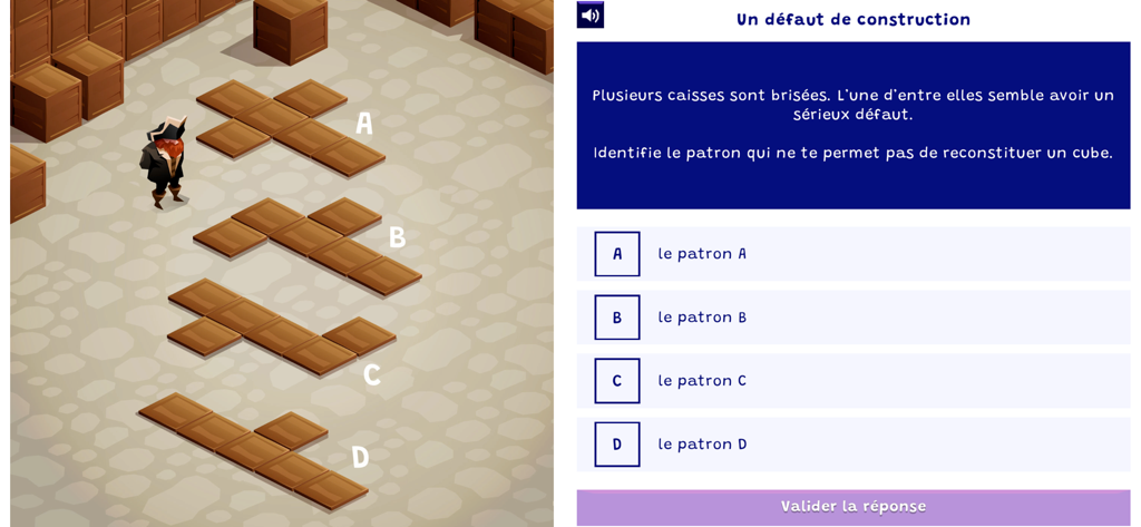 Un personnage pirate se tient à côté de quatre différents patrons de cube 2D dans un puzzle de géométrie d'Archipel Apps