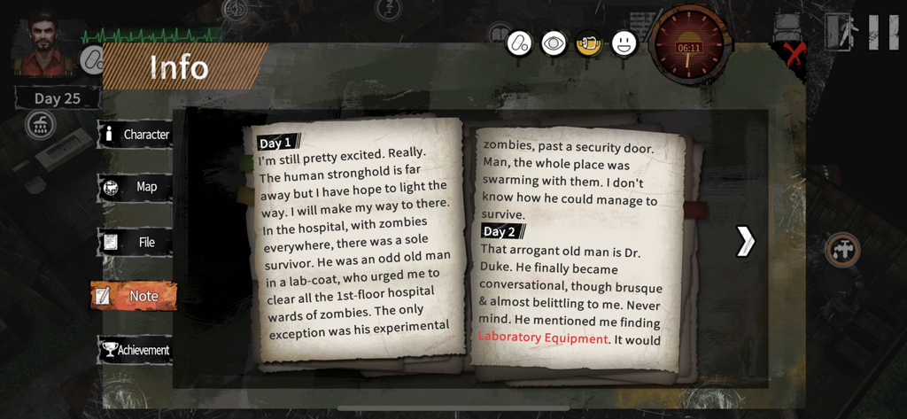 Delivery From the Pain:Survive - Screenshot of the in-game journal menu in Delivery From the Pain showing story progress and survivor notes.
