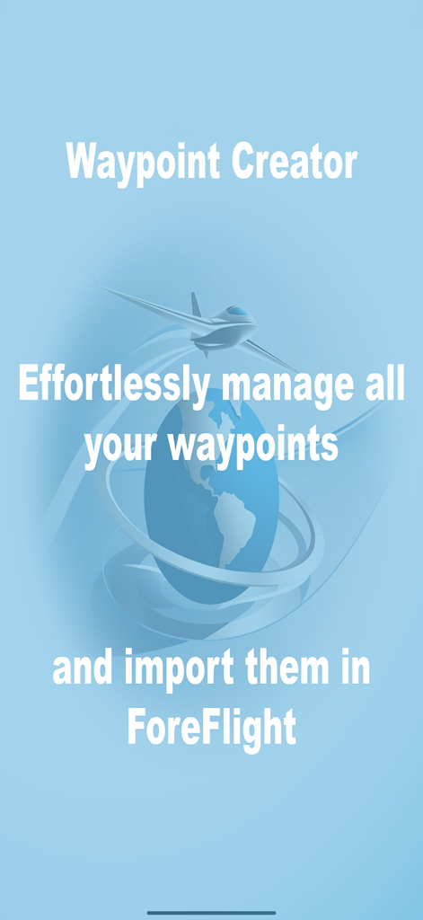 Pantalla de presentación de Waypoint Creator con un avión sobre un globo terráqueo con texto sobre gestión de waypoints e integración con ForeFlight
