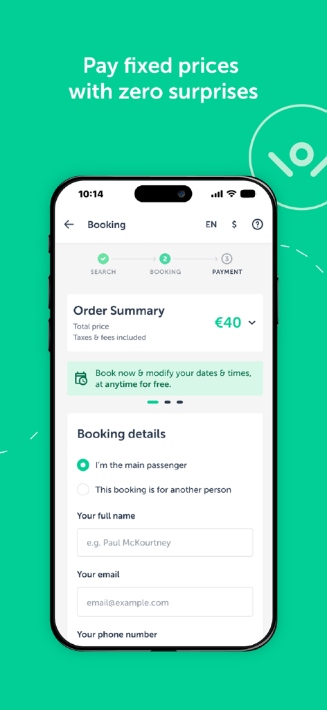 Pantalla de la aplicación Welcome Pickups que muestra un resumen de la reserva con un precio fijo y campos de información del pasajero.