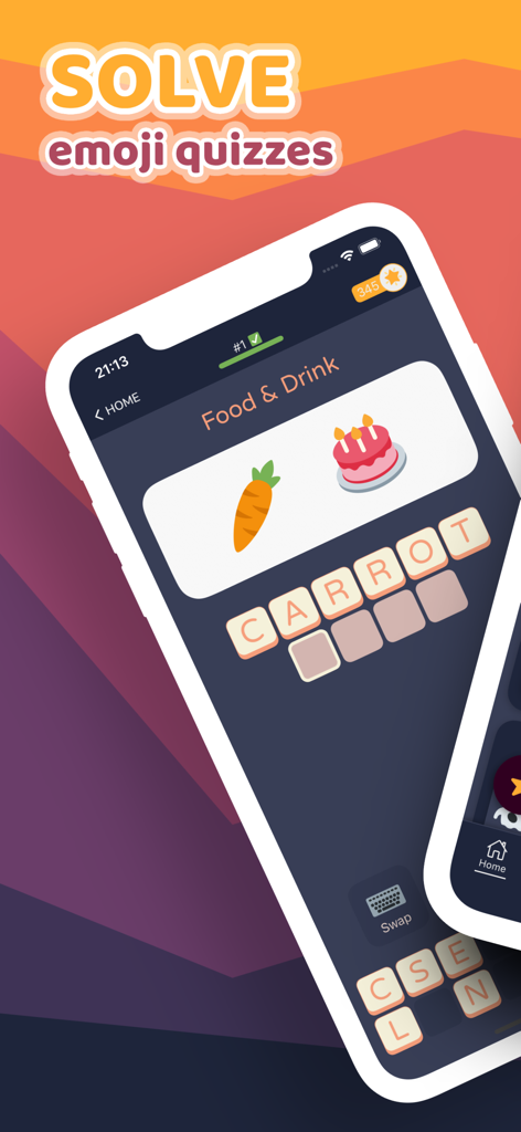 Emoji Quiz Master - La aplicación Emoji Quiz Master mostrando un acertijo de la categoría Comida y Bebida con un emoji de zanahoria.