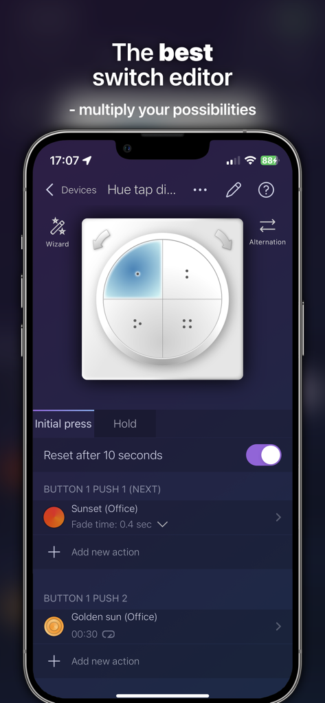 A smartphone screen showing the iConnectHue switch editor interface for a Philips Hue Tap dial with custom button press actions.