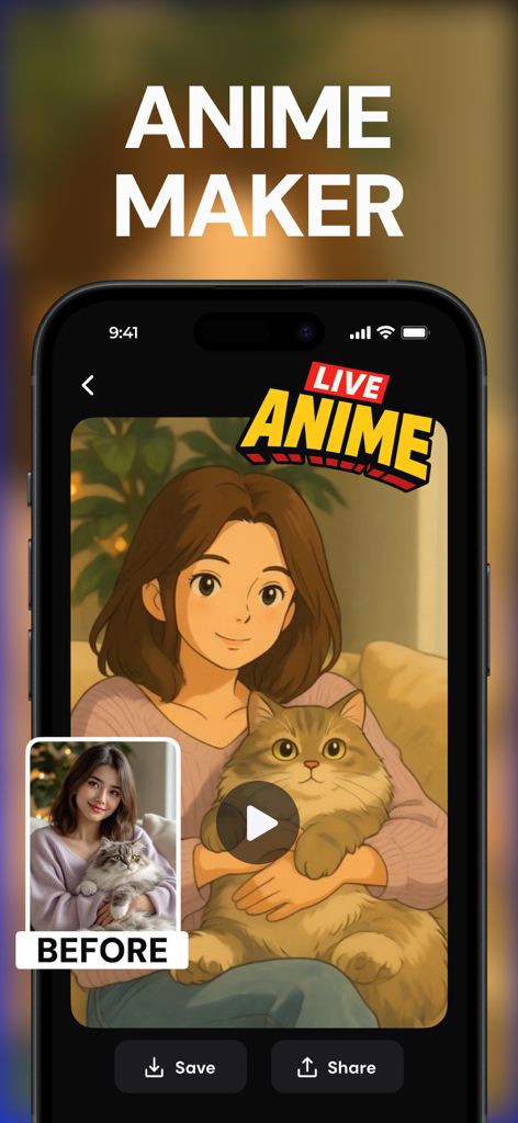 Plum AI app interface showing a photo of a woman and cat transformed into an anime style video.