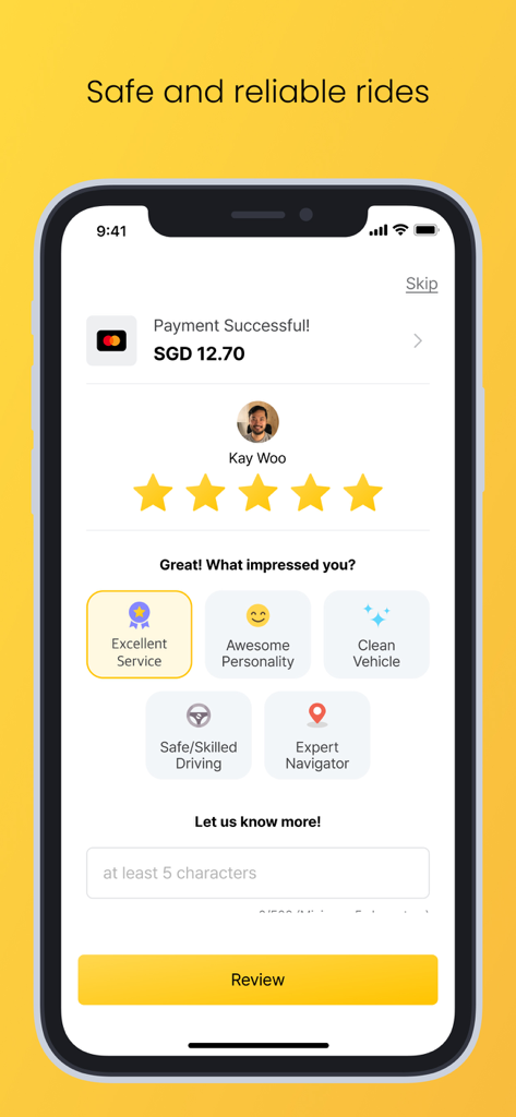 TADA – Ride Hailing - TADA app interface showing payment success and a five star driver review screen
